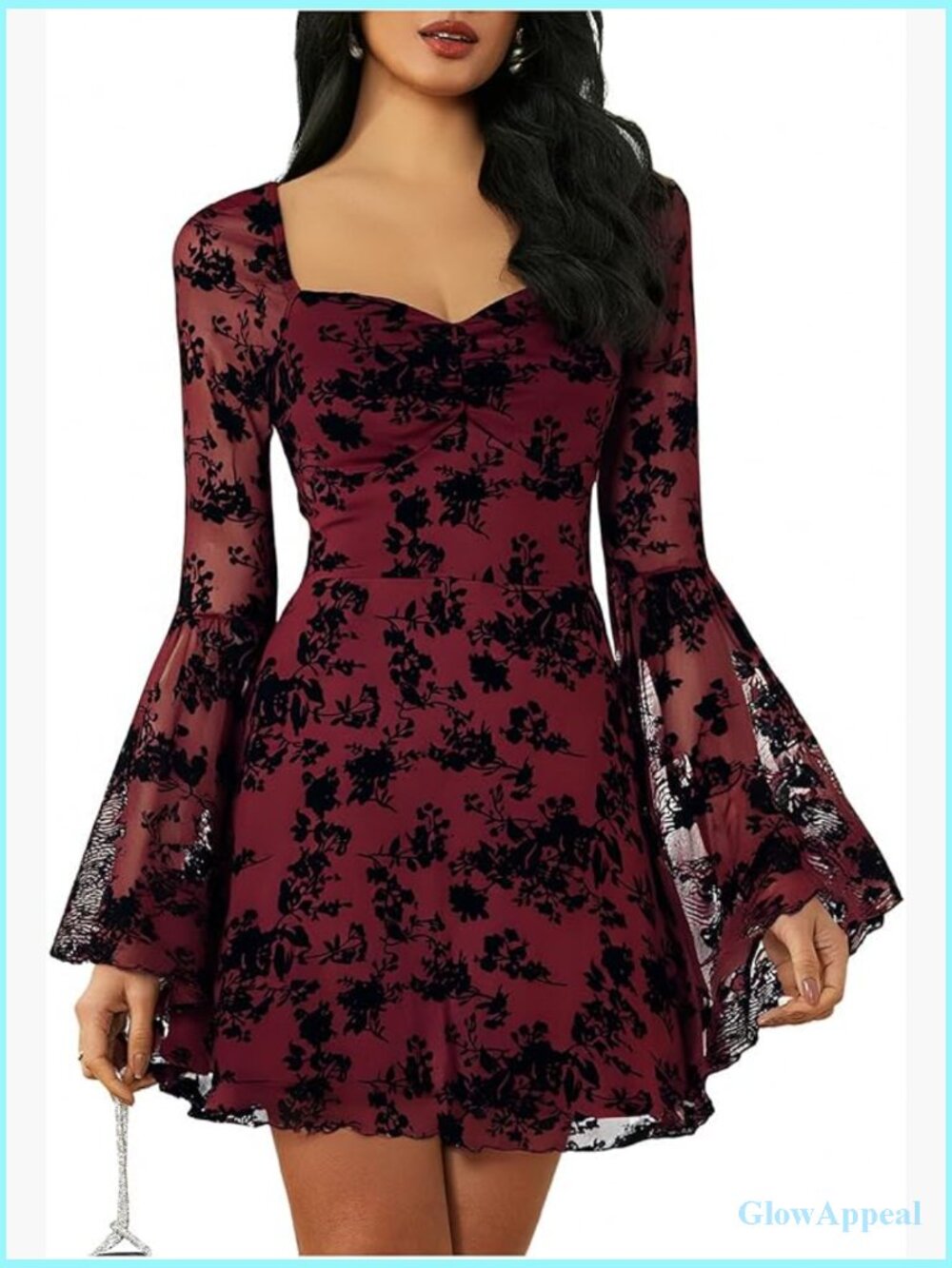 Vintage Gothic Floral Jacquard Mesh Dress Bell Long Sleeve A-Line - Picture 1 of 7